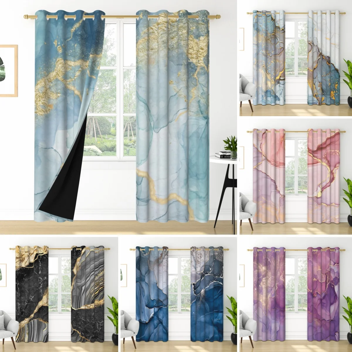 2 pieces Marble Print Window Curtains Luxury Texture Thermal Insulated Drapes Living Room Bedroom Home Decor Blackout Curtains