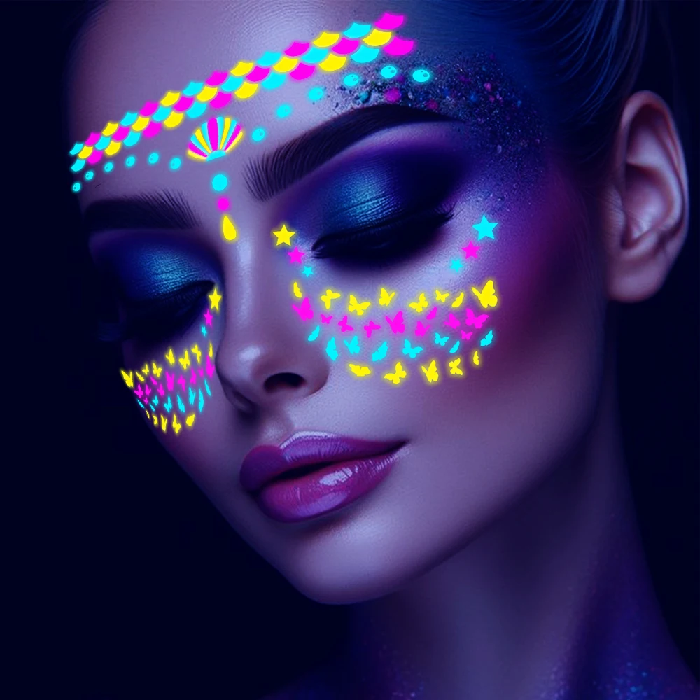 1 szt. Fluorescencyjne naklejki na twarz motyla Luminous syrenka kwiaty twarz tymczasowe naklejki z tatuażami świecące w nocy makijaż naklejka NL