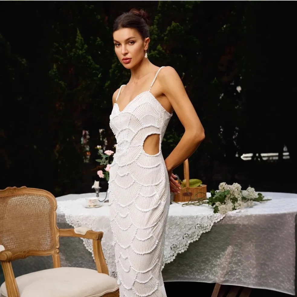 

Heavy Industry Fashion Bead Hollow Waist Suspender Skirt Women's Party Evening Dress New