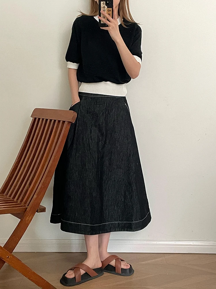 

Slimming High Waist A-Line Denim Skirt Mid-Length Women's Faion Summer 2023 Cotton Blend Busin Casual Sle Skirt