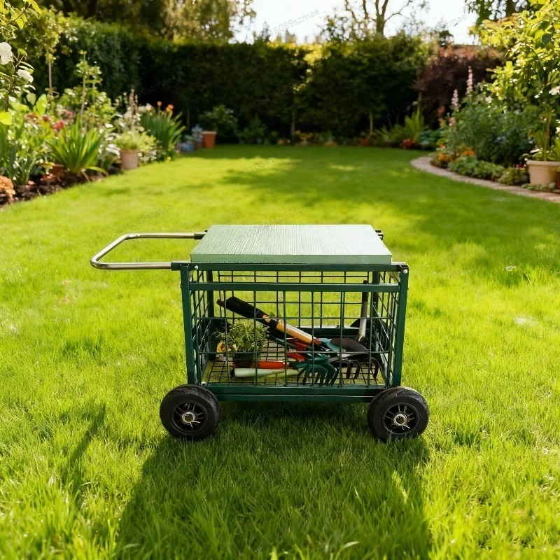 Rolling Garden Cart with Seat， Mobile Gardening Workstation & Storage Trolley， Foldable Tool Holder for Yard， Patio， Greenhouse