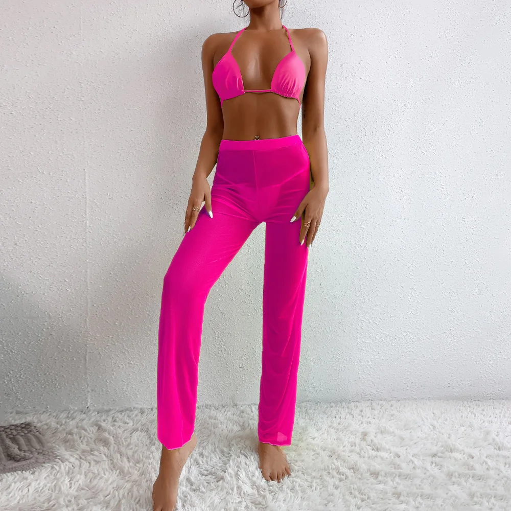 Conjunto de Bikini de tres piezas para mujer, traje de baño con cuello Halter, pantalones transparentes con ajuste de cuerda, microbañador triangular, ropa de playa para verano, 2023