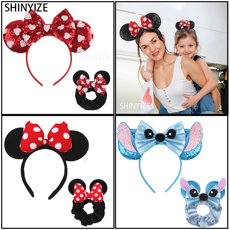 

2Pcs Set Mickey Mouse Ears Headband Girls Hair Scrunchies Sequins Bow Hairband Women Featival Disney Party DIY Hair Accessories