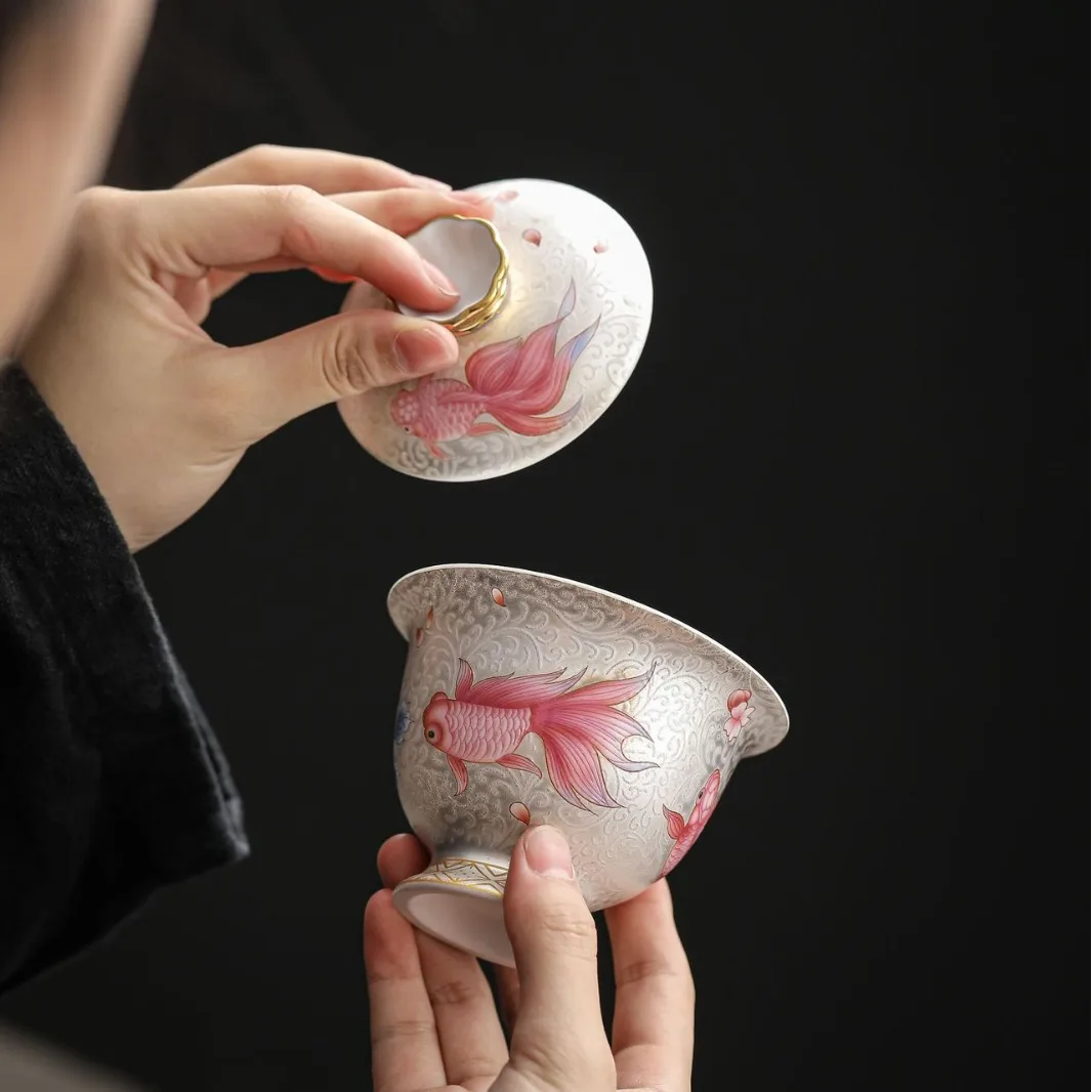 Enamel Color Filigree Fish Ercai Cover Teacup High-Grade Ceramic Tea Maker Household Kung Fu Set