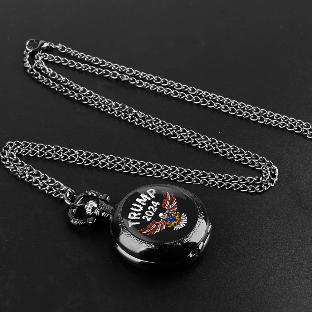 Trump 2024 Glass Dome Vintage Arabic Numerals Quartz Pocket Watch Necklace Pendant Clock Chain Men Women Supporter Fans