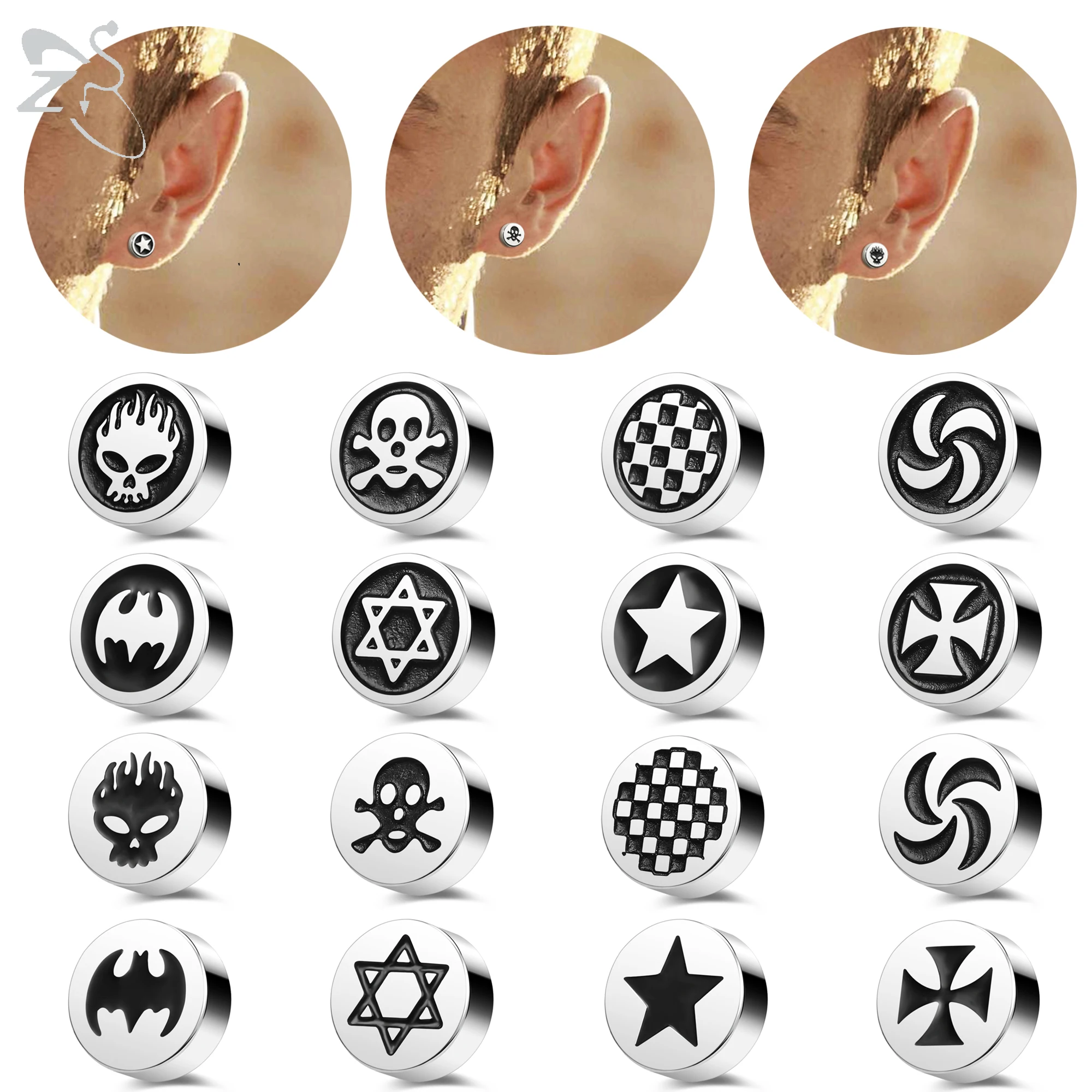 

ZS 2Pcs/lot Punk Gothic Magnet Ear Cuff Stainless Steel Skull Studs Earring for Men Hip Hop Non Piercing Clip On Fake Earrings