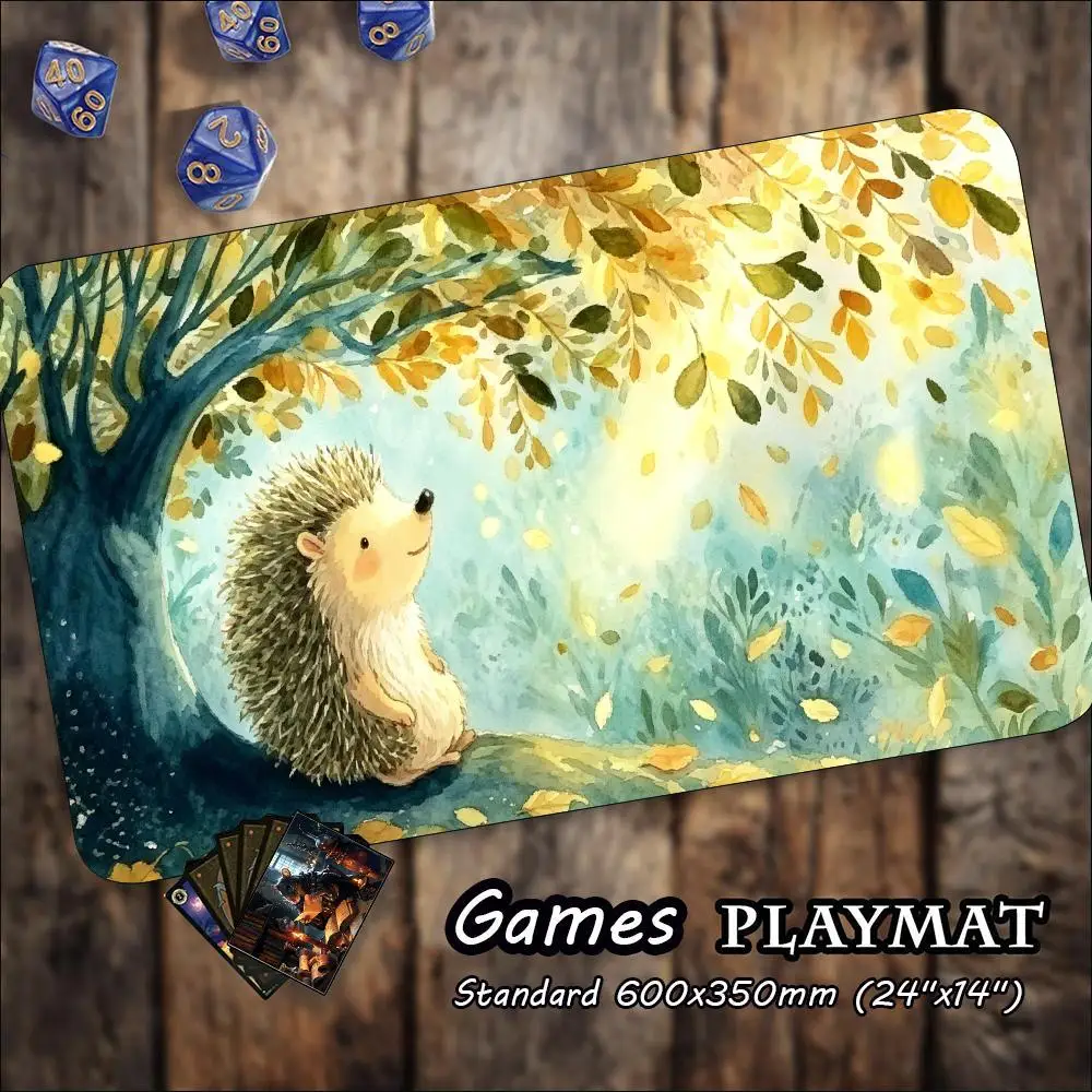 Watercolor Hedgehog TCG Playmat Large Non Slip Rubber Mat Smooth Cloth Surface Trading Card Battle Pad For Tabletop Card Gaming