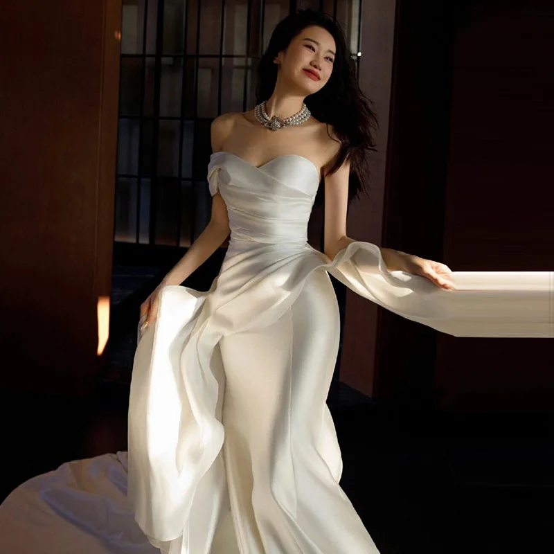

French-style Light Wedding Dress2025New Satin Off-Shoulder High-End Engagement Mermaid Evening Dress Super Fairy
