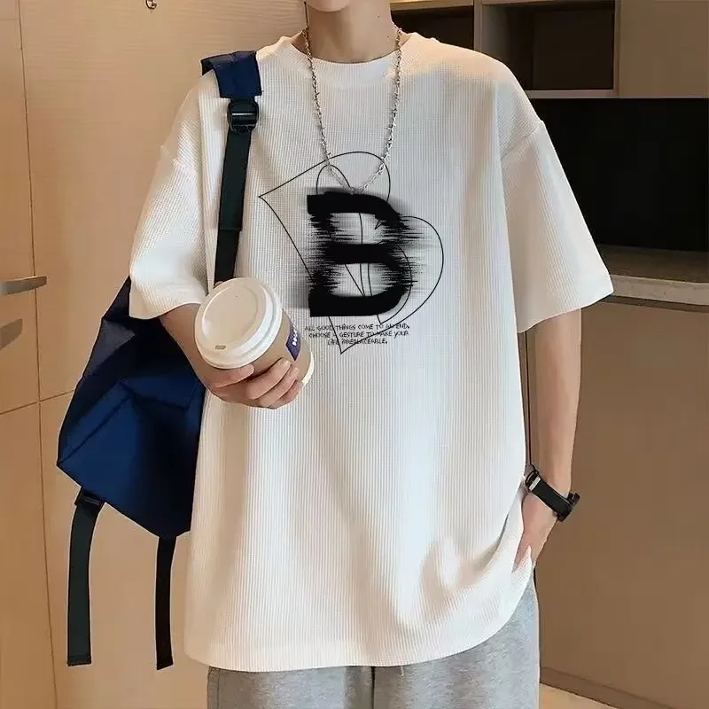 

Printed Men's Ice Silk T-shirt Short-sleeved Summer Tide Letters Loose Round Neck Top Fashionable Versatile Men's Body Shirts
