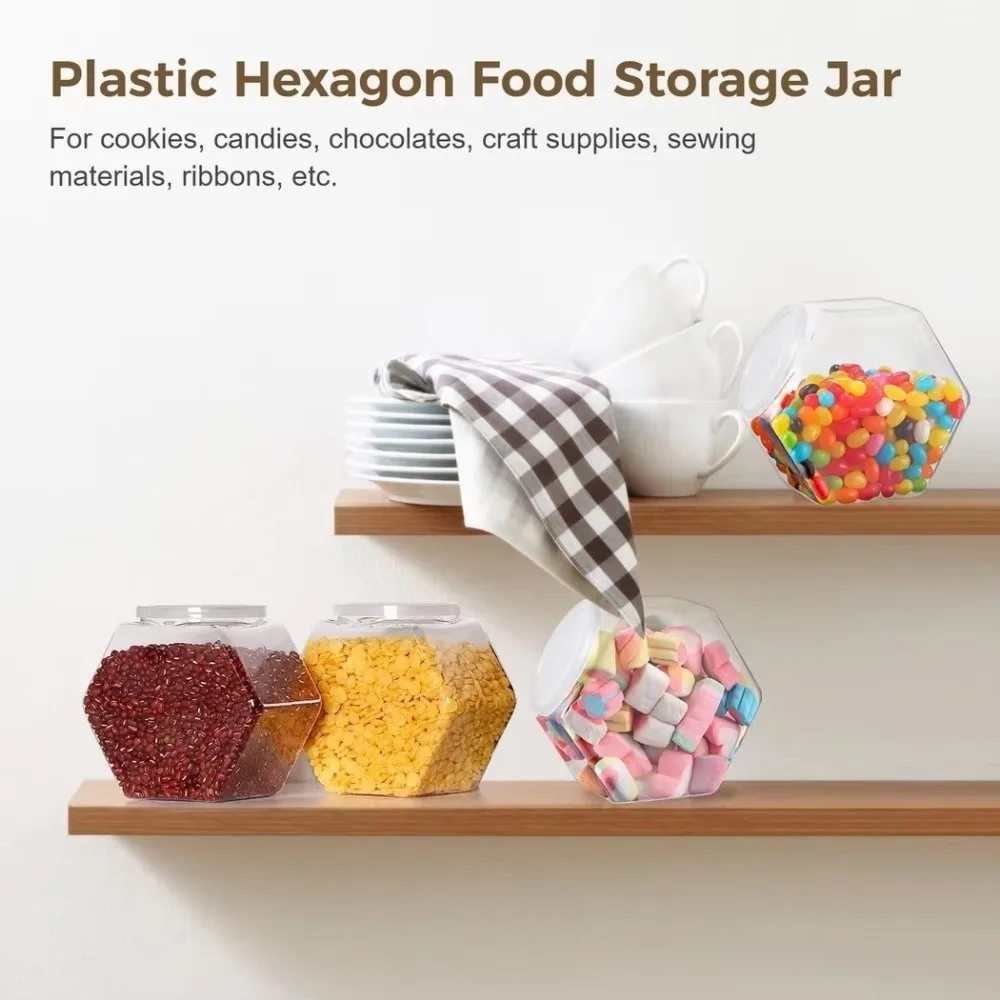 Hexagonal Candy Cookie Jar Clear with Lid Packaging Jars High-capacity Plastic Food Storage Container Countertop Organizer