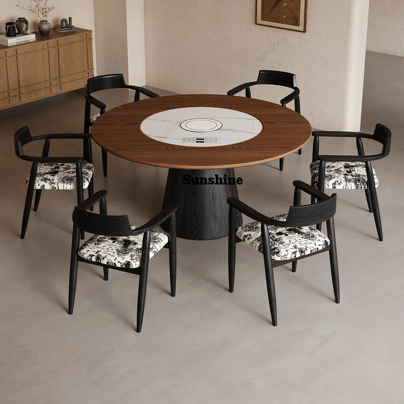 Medieval solid wood round dining table Household built-in induction cooker turntable round table