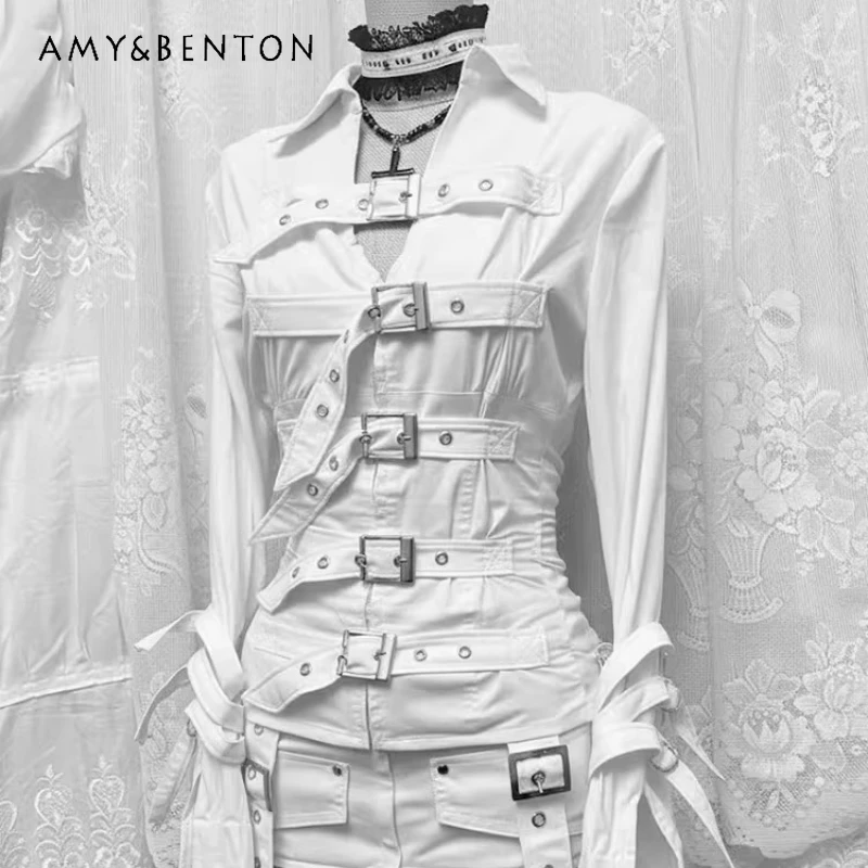 

Женская рубашка в готическом стиле с белым поясом и множеством пуговиц, весна-осень 2026, с отложным воротником, приталенная, в стиле панк, для женщин