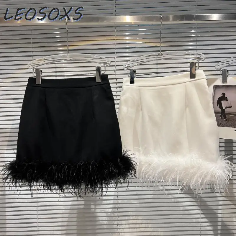 2023 Autumn New Feather Burr Design Pure Color All-Matching Casual Above Knee, Mini Skirt Women's Short Skirt Y2k Clothes