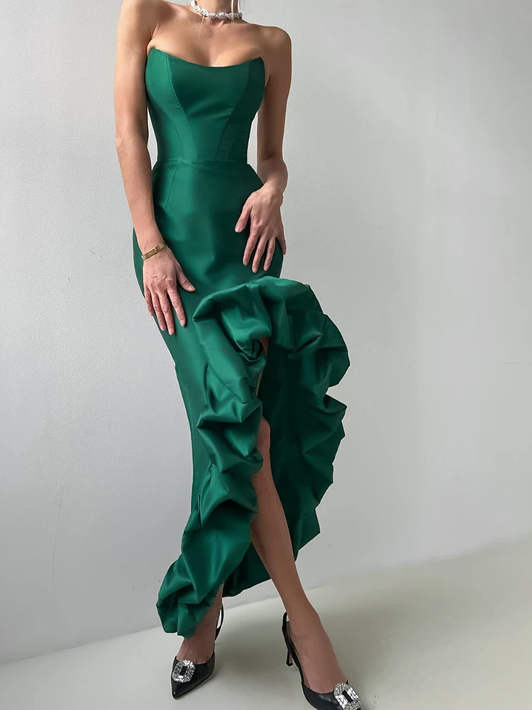 Franse stijl satijnen ruches avondjurk elegante effen kleur off-shoulder slanke banketjurk luxe hoge taille wikkeljurk met heupen