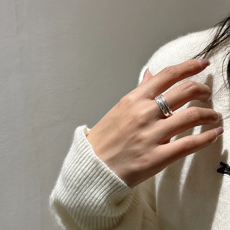

S925 Sterling Silver Double Ring Korean Version Niche Design With Simple Personality Wedding Occasion Texture Sense Wholesale