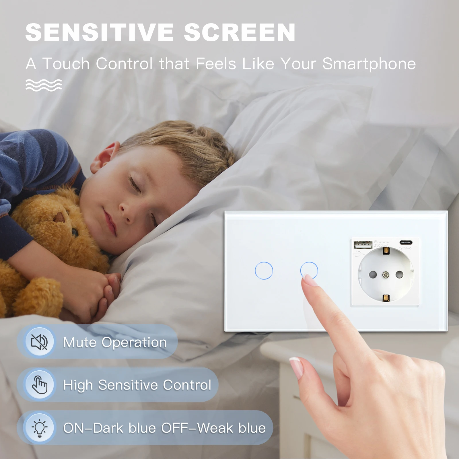 BSEED Touch Switch 1Gang 2Gang 3Gang EU Standard Wall Switches Socket With 3 Colors 300W Crystal Glass Panel Touch Switch 157MM