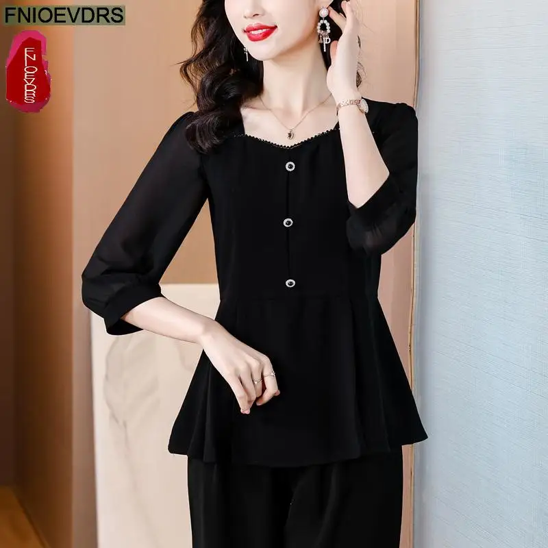 Square Neck Top 2024 Office Women European Fashion Elegant Button Sheer Black Shirt Casual Tunic Belly Peplum Tops And Blouses