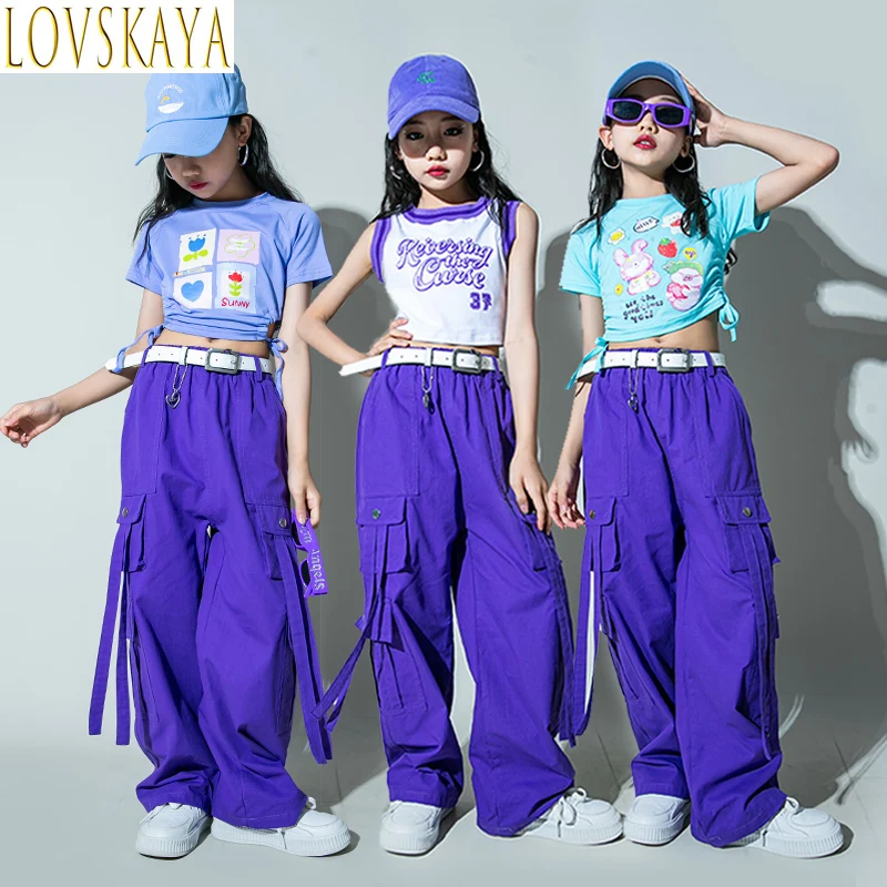 Girls street jazz clothing cut vest V shirt purple hip-hop jogging pants youth show dance clothing children's clothing