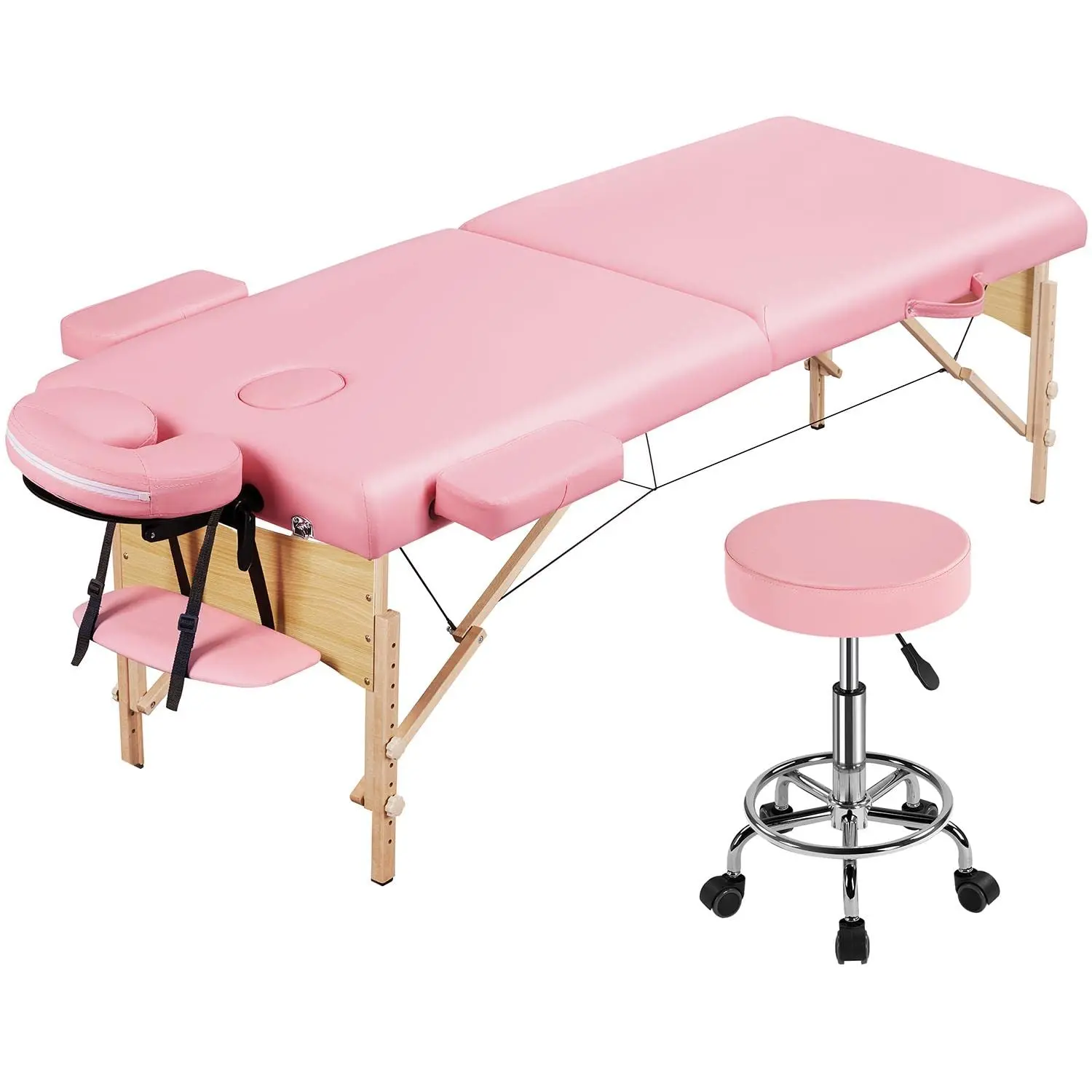 

28“ Wide Wood Massage Table with Rolling Stool 2 Folding Portable Massage Bed Spa Lash Table Stool Adjustable, Customized