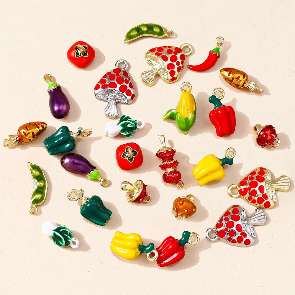 5pcs Cute Vegetable Charms Enamel Mushroom Pea Carrot Corn Pepper Pendants for Necklaces Earrings DIY Jewelry Making Accessories