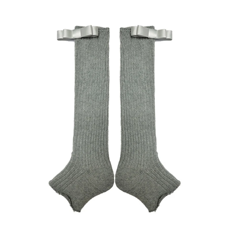 Women Bowknot Leg Warmers Sleeve Elegant Ribbed Knitted Gray Footless Socks