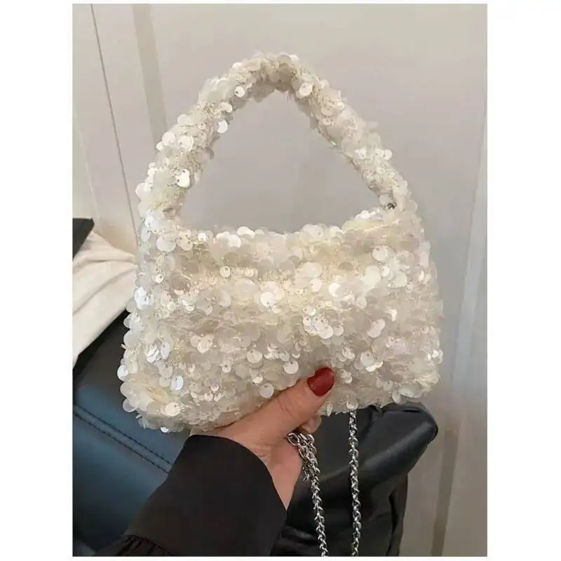 Bloom Shining Beige Beading Messenger Purse Women High Street Chain Beauty Hand Bag Female Fairycore Y2k Ceossbody Bags