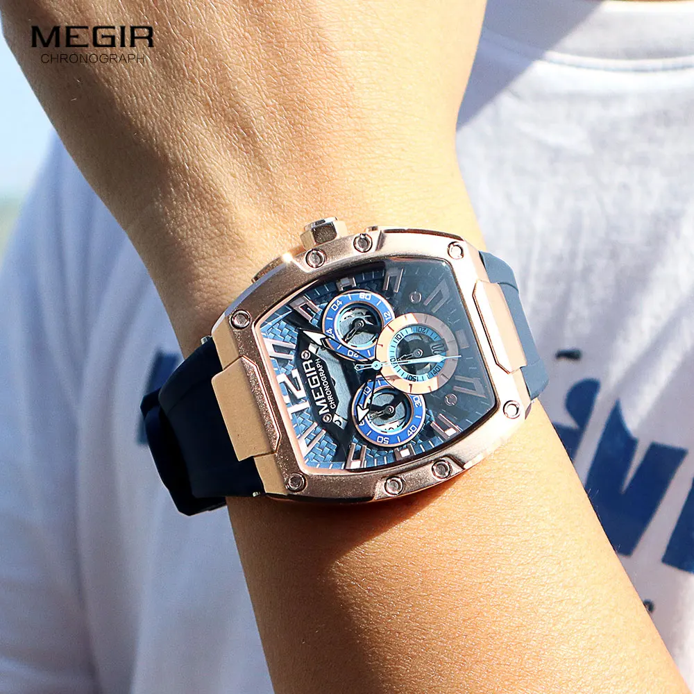 MEGIR Navy Blue Silicone Strap Sport Watch for Men Fashion Waterproof Chronograph Quartz Wristwatch with Luminous Hands Calendar