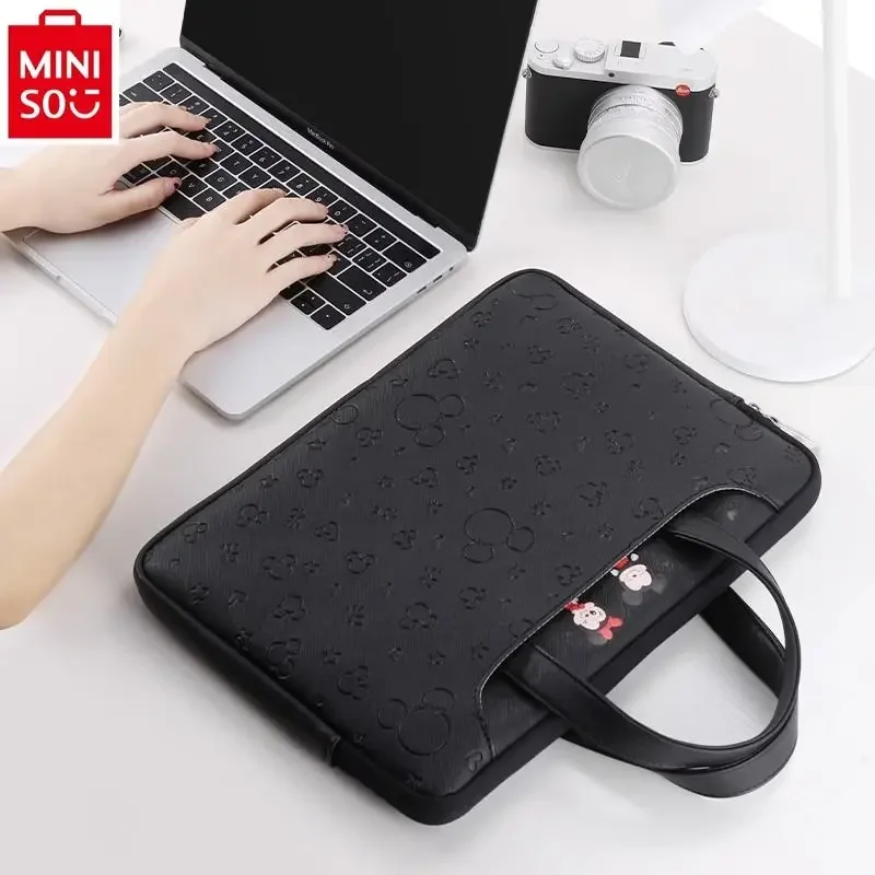 

MINISO Disney Luxury Brand Mickey Anime Laptop Bag Women's 14 15 inch Multi functional Storage File Handheld briefcase