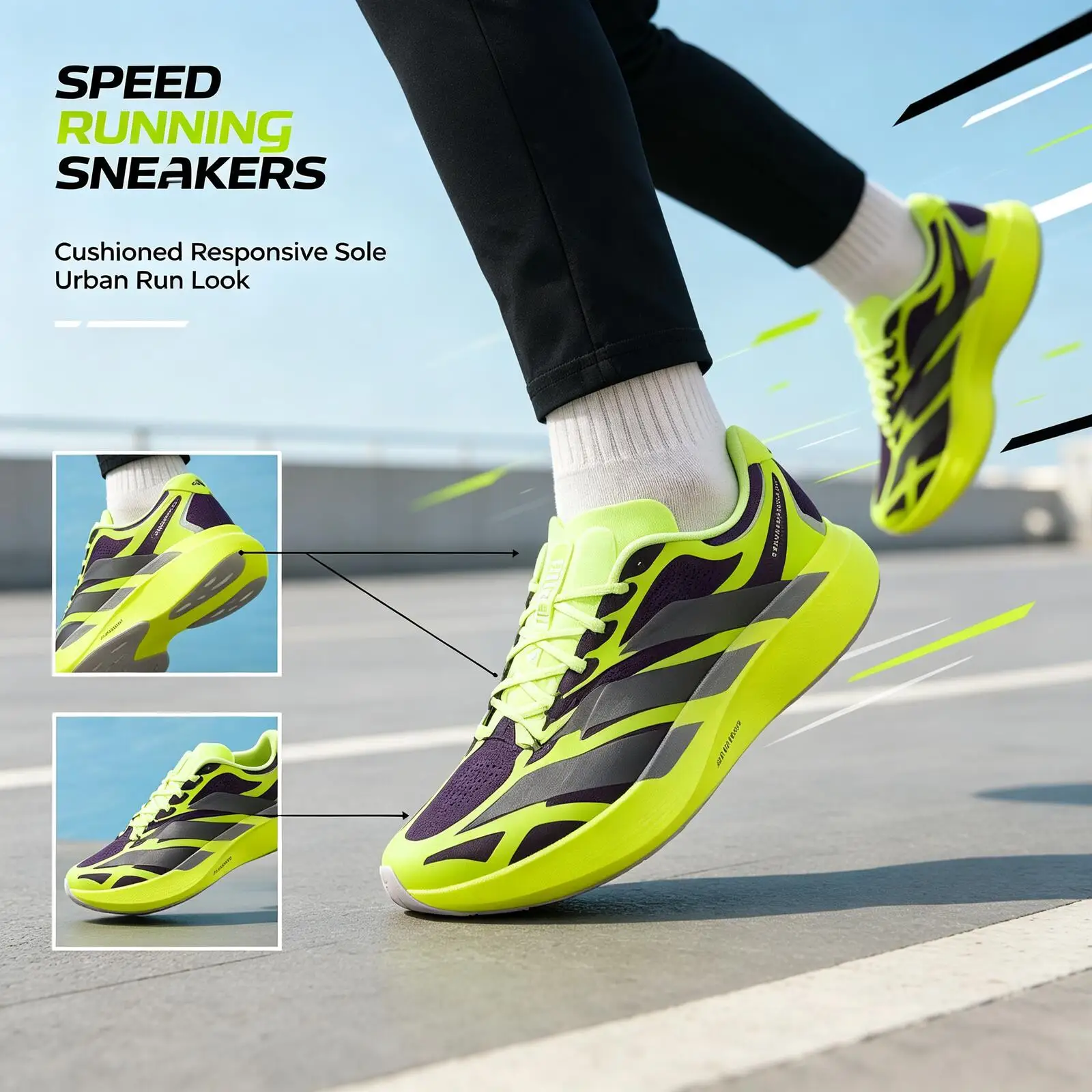 Adidas Neon Green Black Running Shoes for Men Lightweight Breathable Mesh Cushioned Sport Sneakers Ki4772