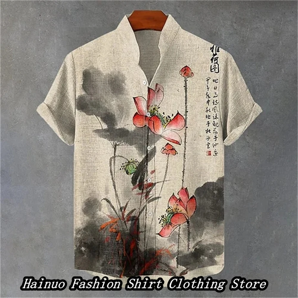 European and American new travel men's shirt 3D print summer casual retro linen shirt loose independent stand XS-5XL