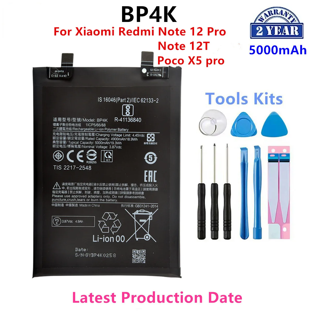 100% Orginal BP4K 5000mAh  For Xiaomi Redmi Note 12 Pro / Note 12T /poco X5 pro Phone Replacement Batteries+Tools