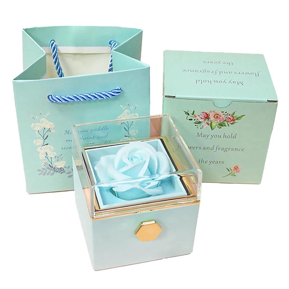 

Rose Ring Box Rotates 360° Velvet Jewelry Box Eternal Rose Box Valentine's Day Mother's Day for Romantic Gifts,Lake Blue