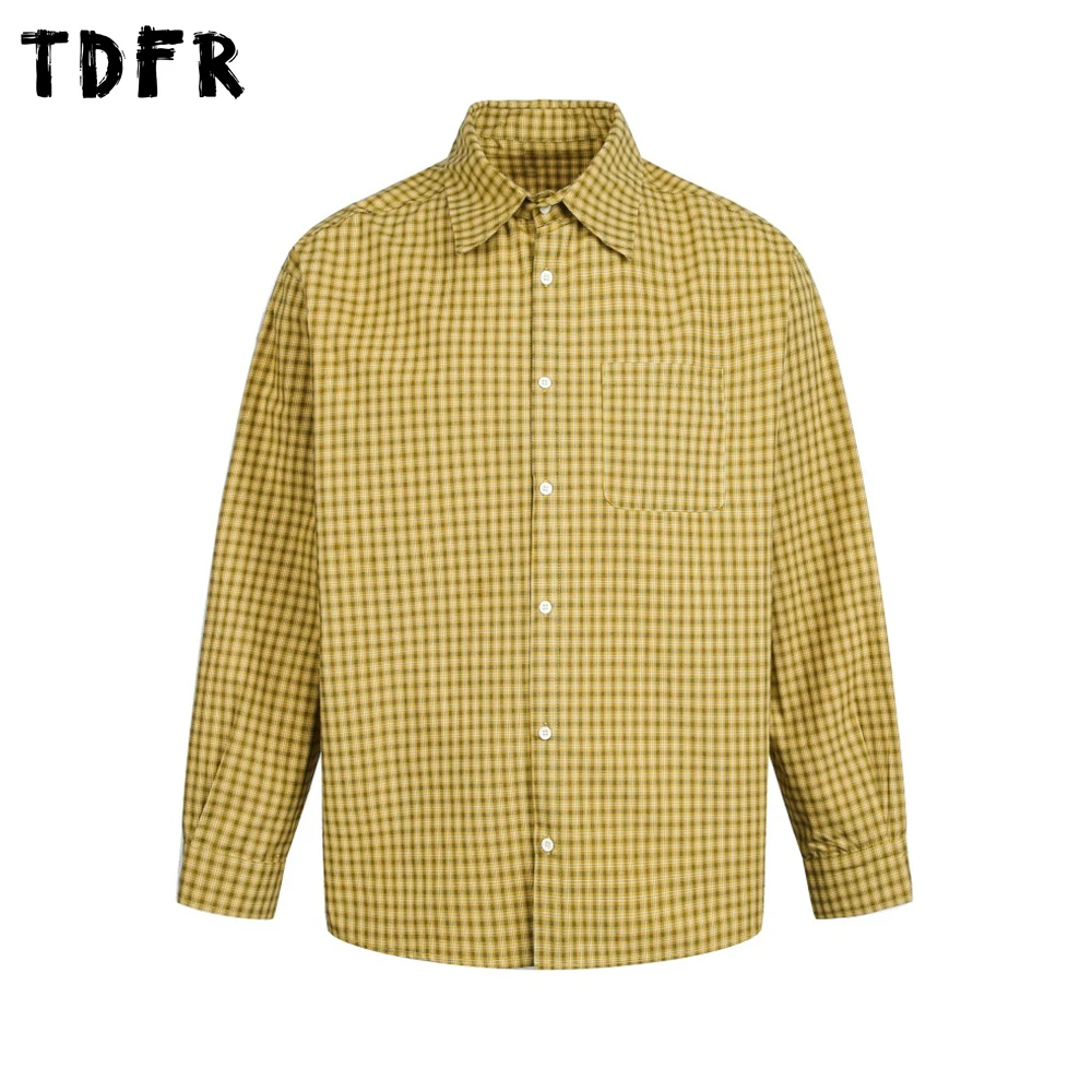 

Мужская рубашка в клетку, весенняя, ретро, повседневная, свободного кроя, на одной пуговице, с отложным воротником, хлопковая, с длинным рукавом