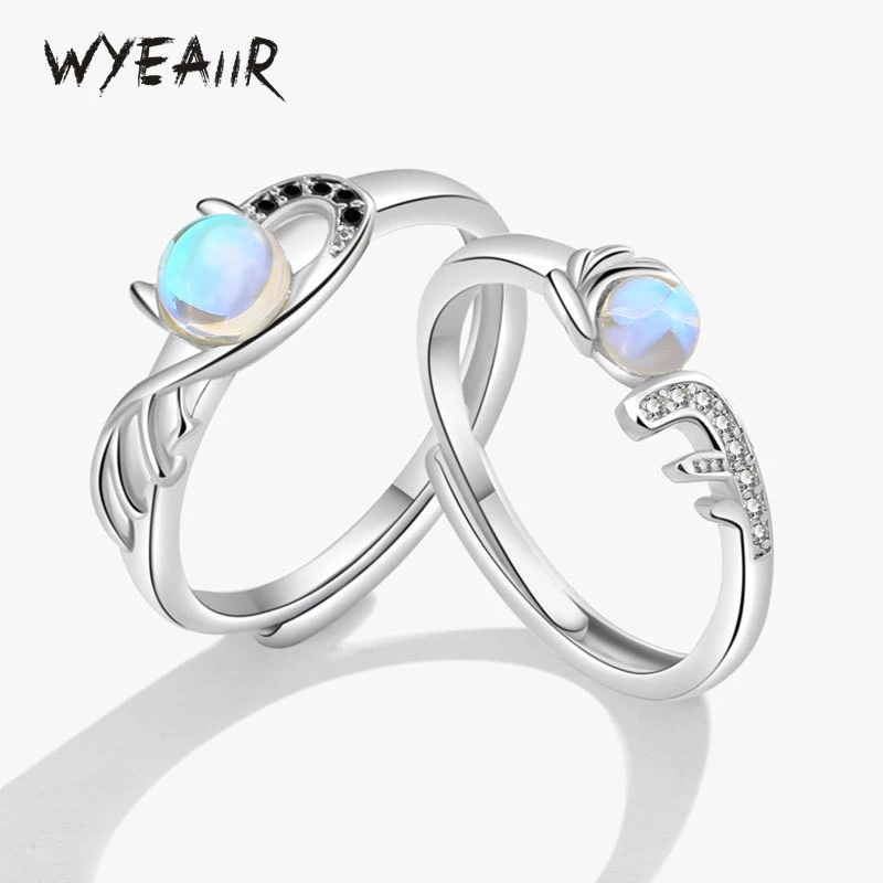 WYEAIIR Romantic Valentine's Day Gift 925 Sterling Silver Moonlight Stone Angel Demon Resizable Opening Ring For Lovers