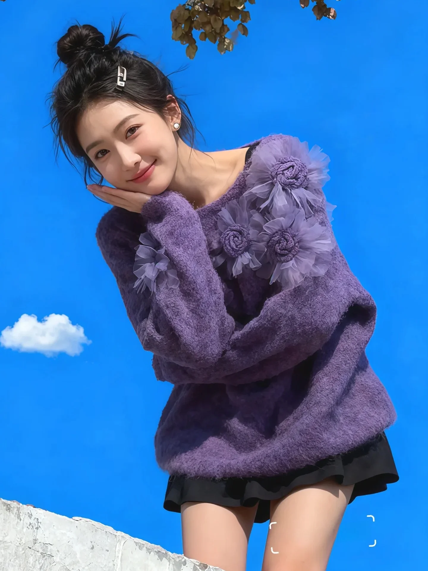 Lockerer Damen-Strickpullover, lila Blumen-Design, Winter-Fee, lässig, bequem, einzigartig, schönes Strickoberteil