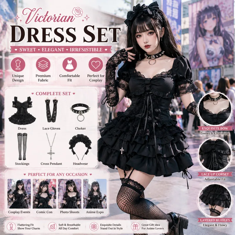 Gothic Y2K Lolita 2Pcs Outfit Mini Skirt Set Girl White Lace Blouse Cross Decor Street‑Wear Cosplay Party Punk Dress‑up Gift New