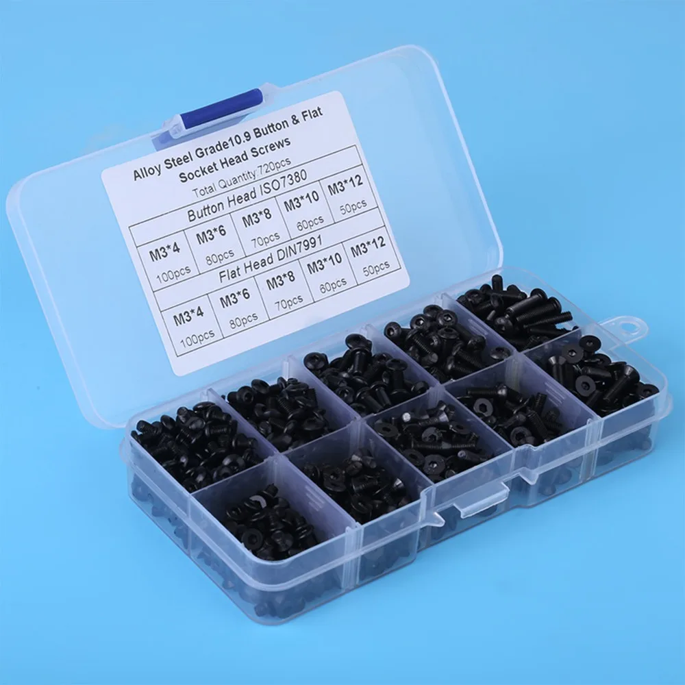 720 Pcs 4mm/6mm/8mm/10mm/12mm M3 Flat Head Screws Carbon Steel Pan Head Hex Screws ​with Storage Box Button Head