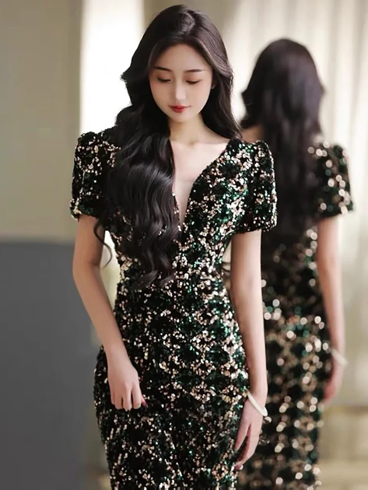 

Ele Deep V-Ne Evening Gown Women's High-End Cusized Host Dr Luxury mat High-Waisted Fi Tail Skirt