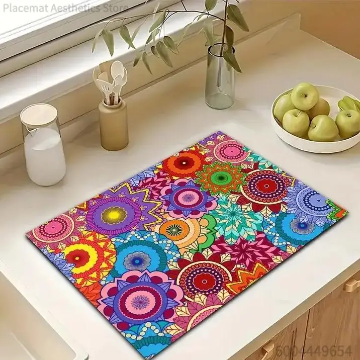 Vintage Boho Mandala Tile Print Super Absorbent Kitchen Drying Mat Waterproof Counter Drain Decor Placemat