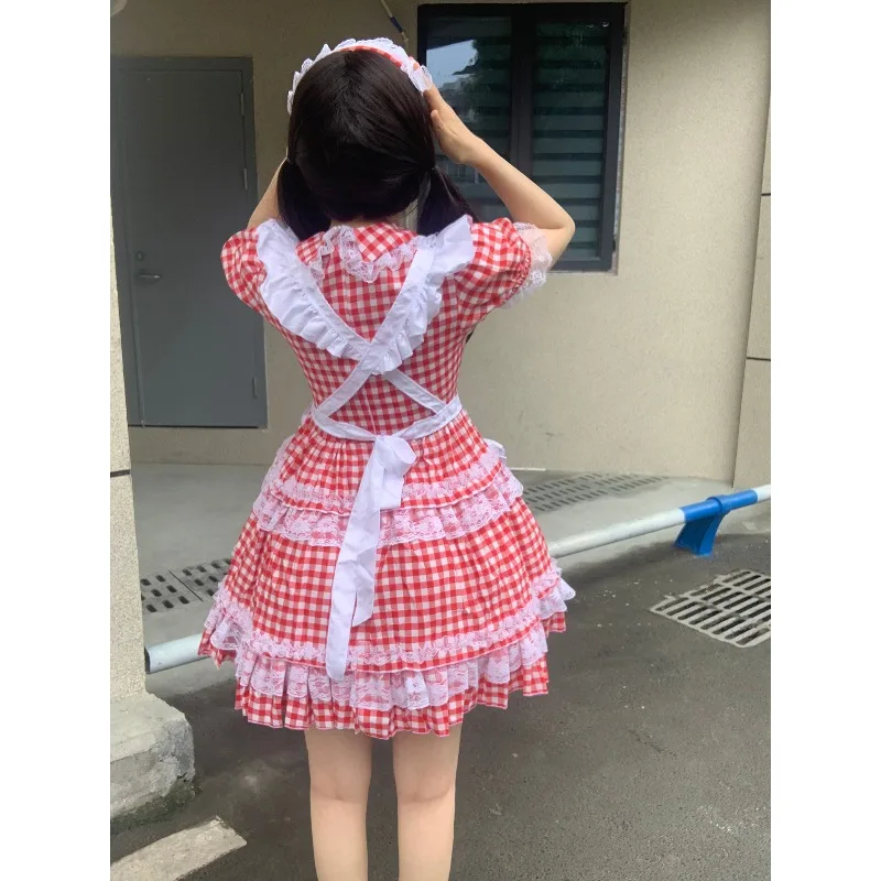 

S-5XL Cute Lolita Red Plaid Maid Dress Costumes Cosplay Check Maid Dress Suit for Waitress Maid Party Stage Costumes