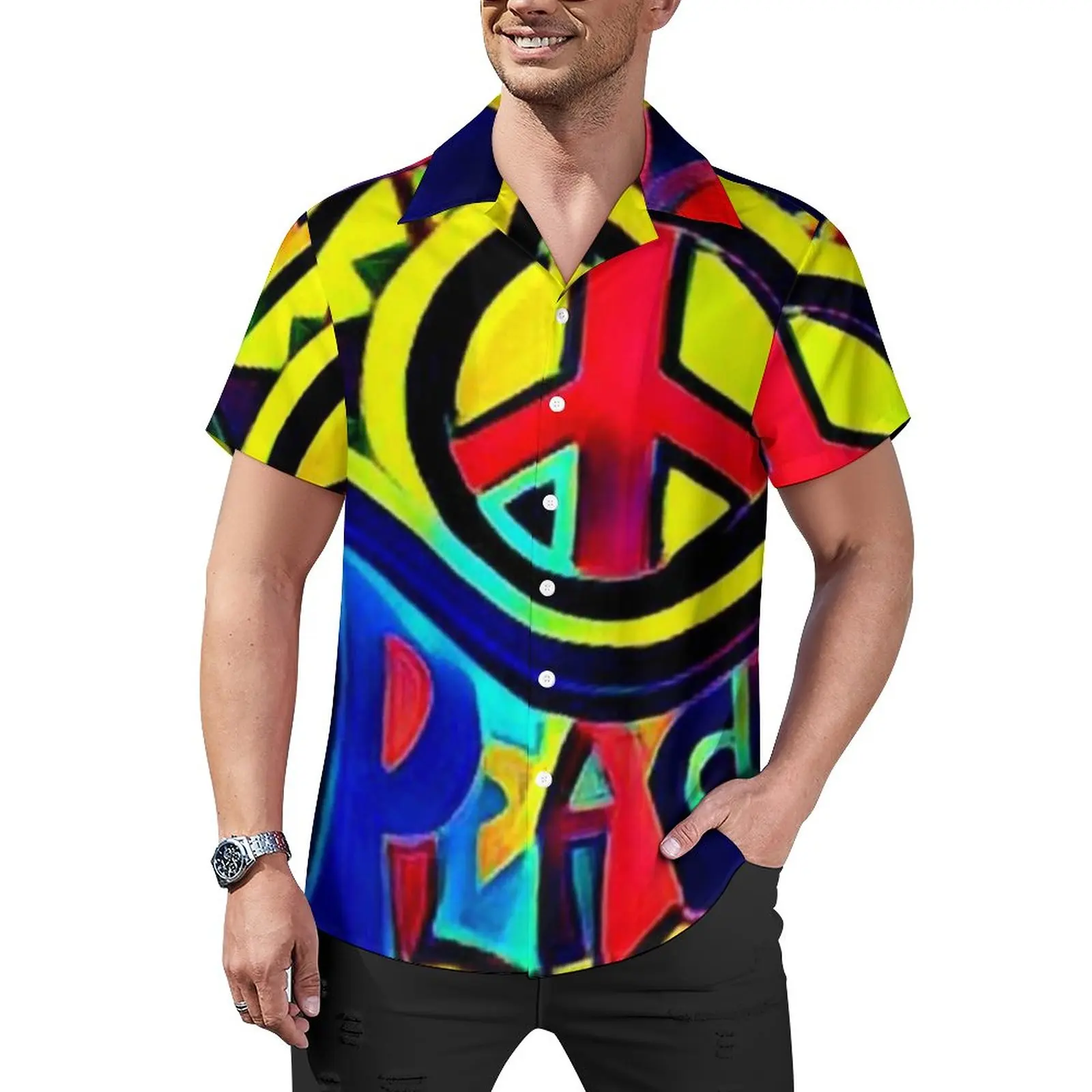 

Peace And Love Loose Shirt Men Vacation Bold Retro Art Casual Shirts Hawaii Graphic Short Sleeve Y2K Oversized Blouses