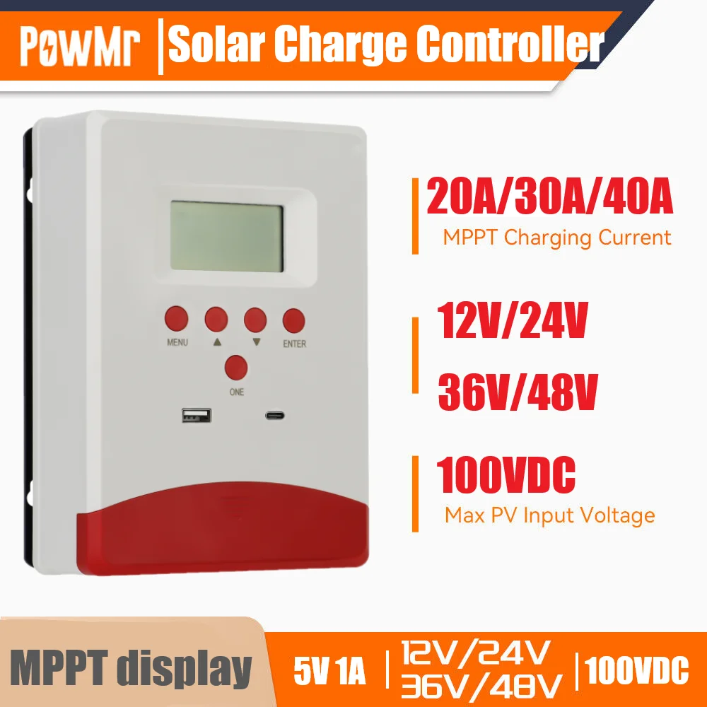 MPPT Controller 20A/30A/40A Solar Charge Controller LCD Solar Regulator 12V/24V/36V/48V Battery Charge Lead-Acid Lithium Battery