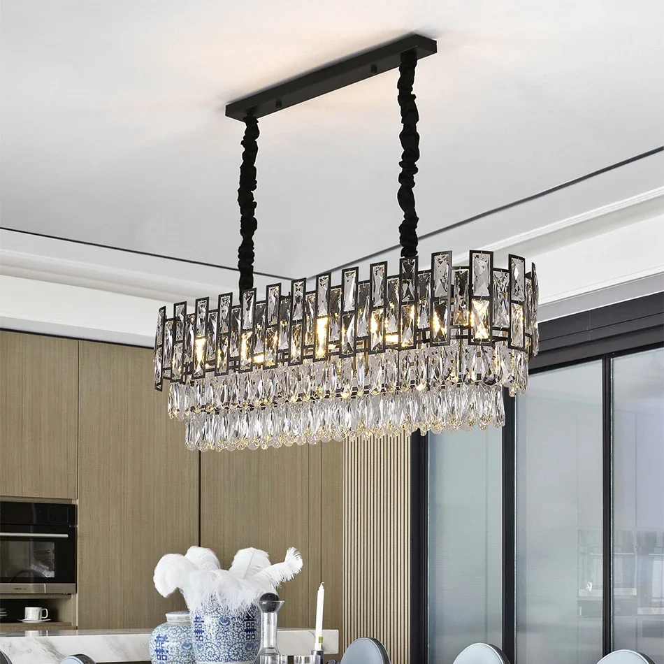 

Shine Crystal Chandelier For Dining Room Modern Rectangle Kitchen Island Indoor Lighting Led Home Decor Lamp Black Metal Lights