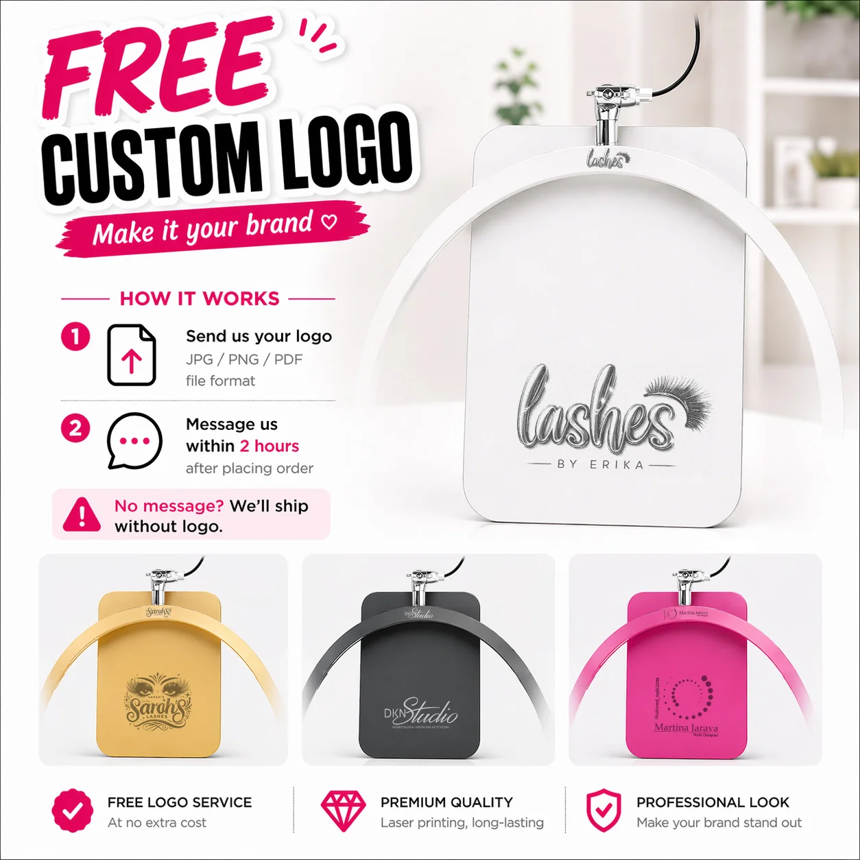 2027 New Free Logo L80 LED Lash Light Half-Moon Beauty Floor Lamp for Eyelash Extensions Hidden Cable Touch Salon Nail Tattoo