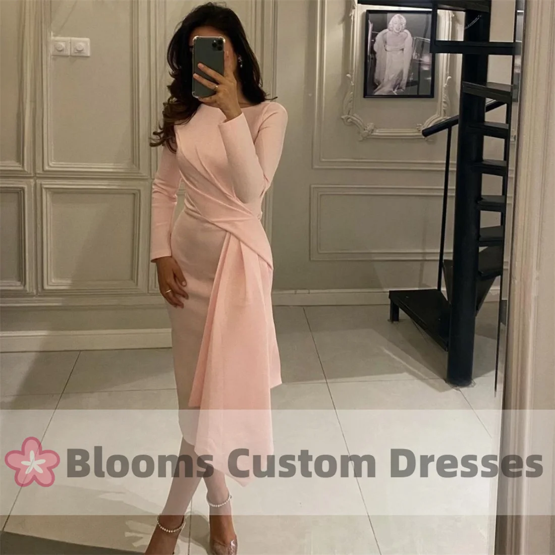 Blooms Elegant Customized Long Sleeves Evening Dresses Formal Arabia Crepe Ruched Prom Dresses O-Neck Tea Length Party Dresses