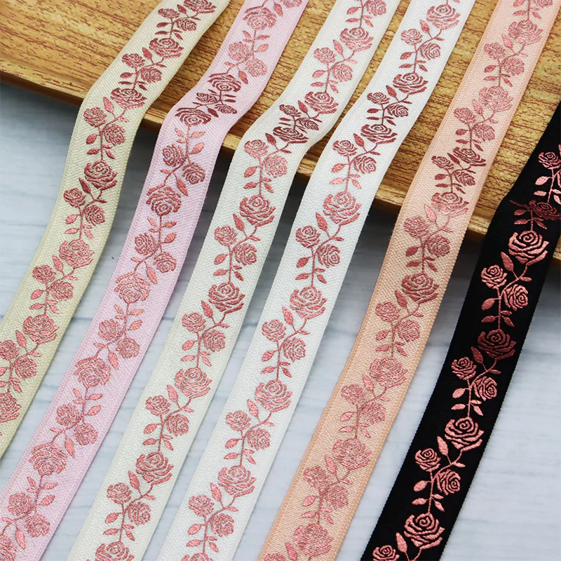 

5/8" 15mm Pink Foil Rose Flower Print Spandex FOE Fold Over Elastic Ribbon For Headband Hair Tie Dress DIY Sewing