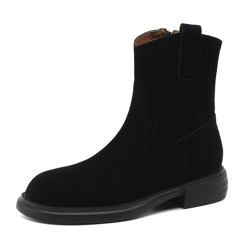 Stivali Western da donna nabuk primavera autunno nero marrone stivaletti con tacco quadrato basso stivaletti da donna con punta tonda Slip-on in