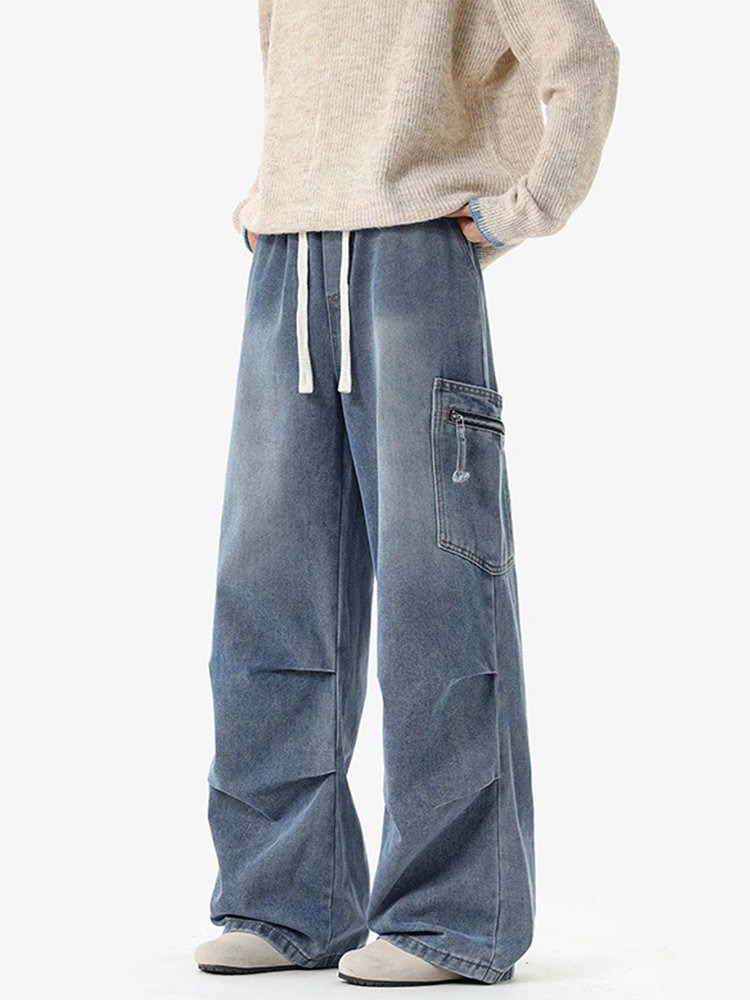 

Мужские джинсы в американском ретро-стиле, плиссированные, свободного кроя, прямые, повседневные, в стиле High Street, зимние, модные, брендовые, для молодежи