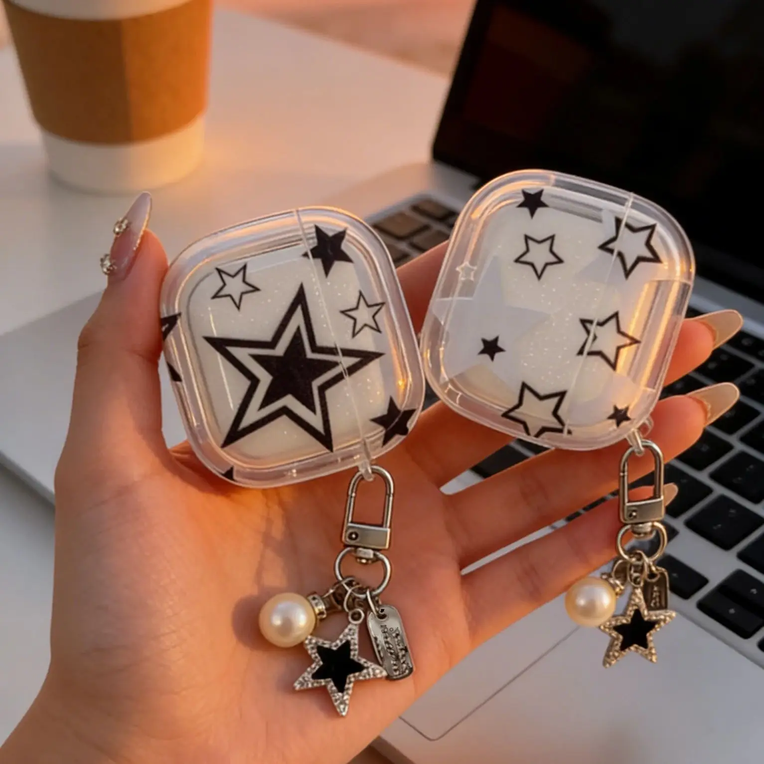 Trendy Black & White Star Transparent Earphone Case –  Cover with Pearl Star Keychain Accessory for AirPods 1/2/ - view 4