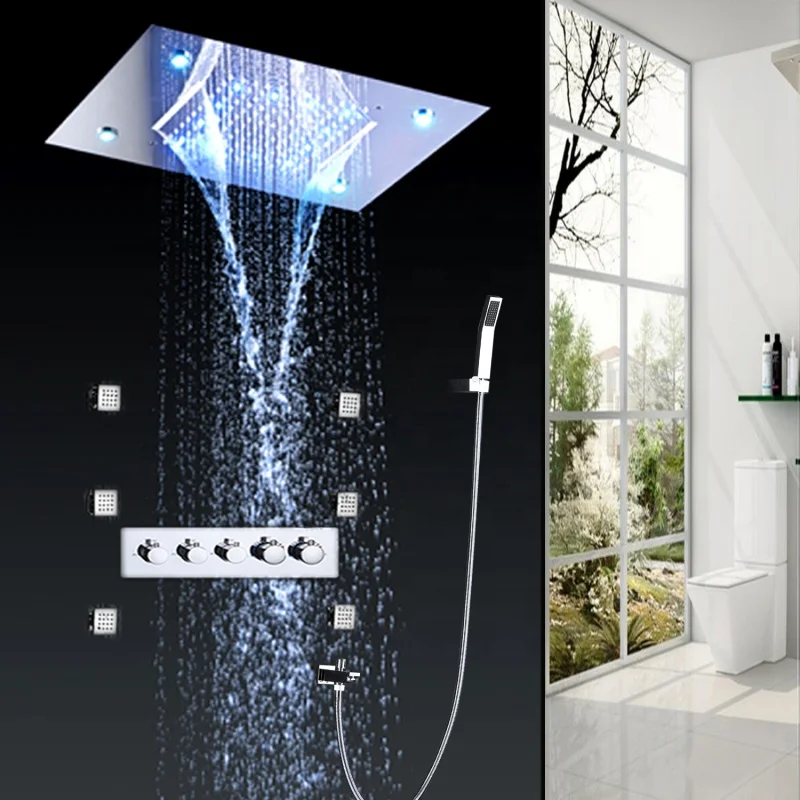 Brass Hot Cold Four Handle Shower Valve Stainless Steel 360x500 Ceiling Mounted LED Rain Bathroom Shower Faucet Spa Body Massage view 4
